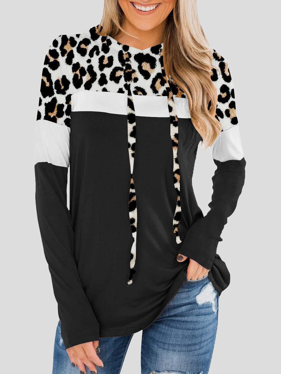 Women's Hoodies Leopard Panel Long Sleeve Hoodie - Hoodies - INS | Online Fashion Free Shipping Clothing, Dresses, Tops, Shoes - 10-20 - 22/09/2021 - color-black