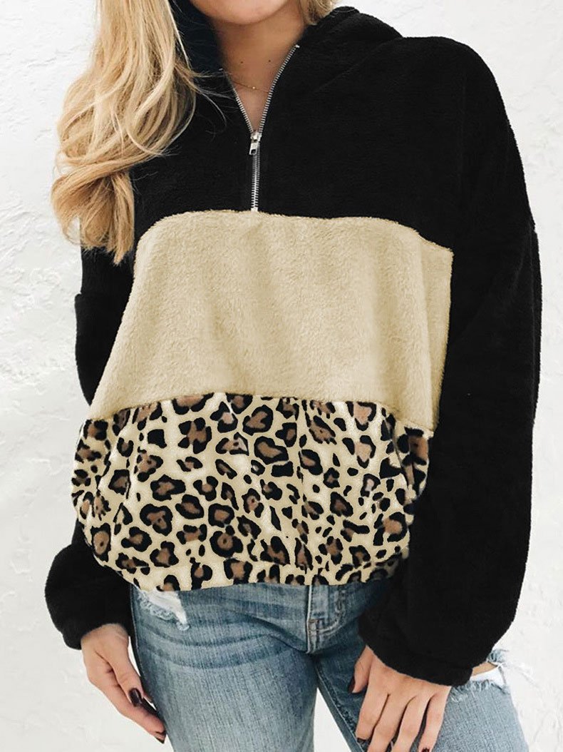Women's Hoodies Leopard Print Zip Pocket Long Sleeve Hoody - Hoodies - INS | Online Fashion Free Shipping Clothing, Dresses, Tops, Shoes - 08/11/2021 - 30-40 - color-black