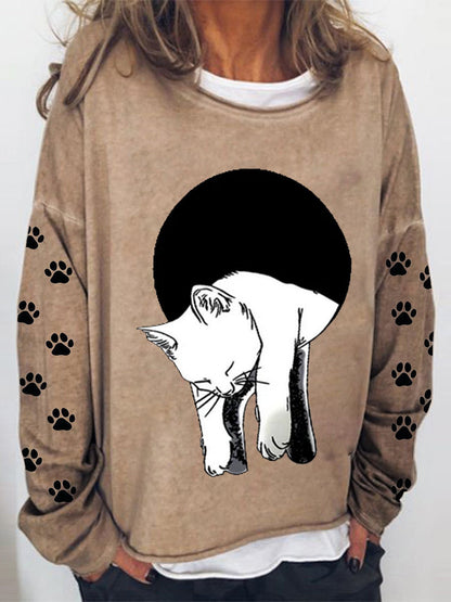 Hoodies - Long Sleeve Cat Printed Sweatshirt - MsDressly