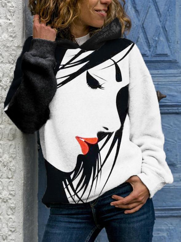 Women's Hoodies Loose Pullover Portrait Print Long Sleeve Hoody - Hoodies - INS | Online Fashion Free Shipping Clothing, Dresses, Tops, Shoes - 20-30 - 25/10/2021 - color-black