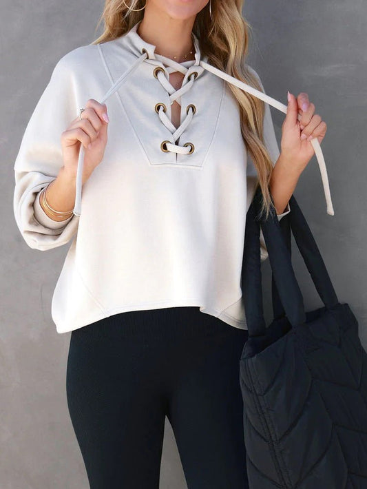 Women's Hoodies Loose Solid Straps Long Sleeve Sweatshirt - Hoodies - Instastyled | Online Fashion Free Shipping Clothing, Dresses, Tops, Shoes - 22/08/2022 - 30-40 - color-beige