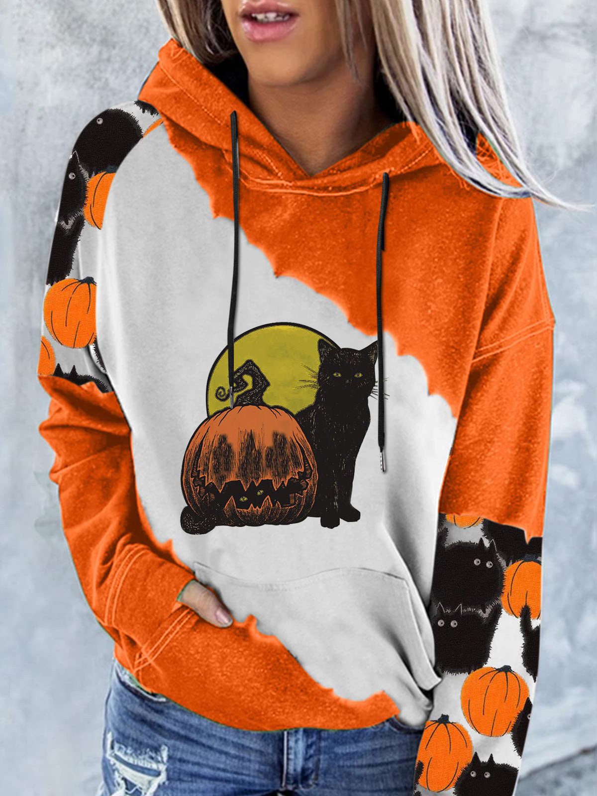 Women's Hoodies Pumpkin Cat Print Pocket Long-Sleeve Hoody - Hoodies - Instastyled | Online Fashion Free Shipping Clothing, Dresses, Tops, Shoes - 15/09/2022 - Color_Black - Color_Orange