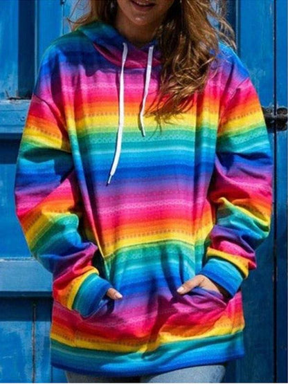 Women's Hoodies Rainbow Stripe Pocket Long Sleeve Hoody - Hoodies - INS | Online Fashion Free Shipping Clothing, Dresses, Tops, Shoes - 15/10/2021 - Color_Multicolor - HOO2110151192