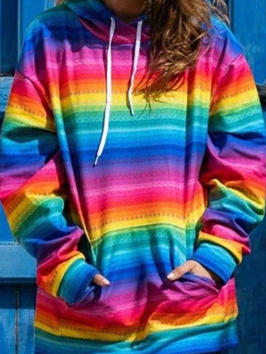 Women's Hoodies Rainbow Stripe Pocket Long Sleeve Hoody - Hoodies - INS | Online Fashion Free Shipping Clothing, Dresses, Tops, Shoes - 15/10/2021 - Color_Multicolor - HOO2110151192