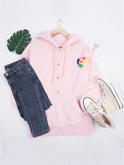 Women's Hoodies Solid Concealed Button Long Sleeve Pocket Hoodie - Hoodies - INS | Online Fashion Free Shipping Clothing, Dresses, Tops, Shoes - 13/10/2021 - 20-30 - color-pink