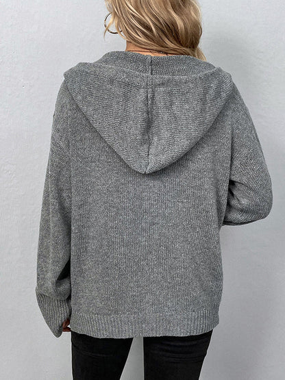 Hoodies - Solid Drawstring Single Breasted Knitted Hoodie - MsDressly