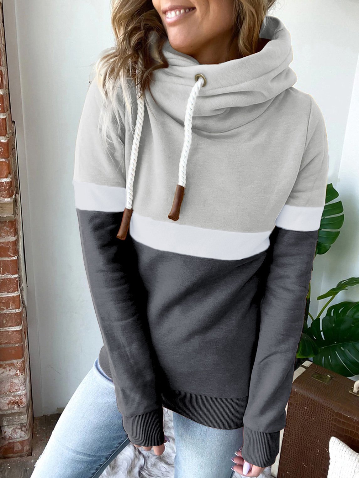 Women's Hoodies Solid Stitching Casual High Neck Hoodie - Hoodies - INS | Online Fashion Free Shipping Clothing, Dresses, Tops, Shoes - 180/09/2021 - 20-30 - Category_Hoodies