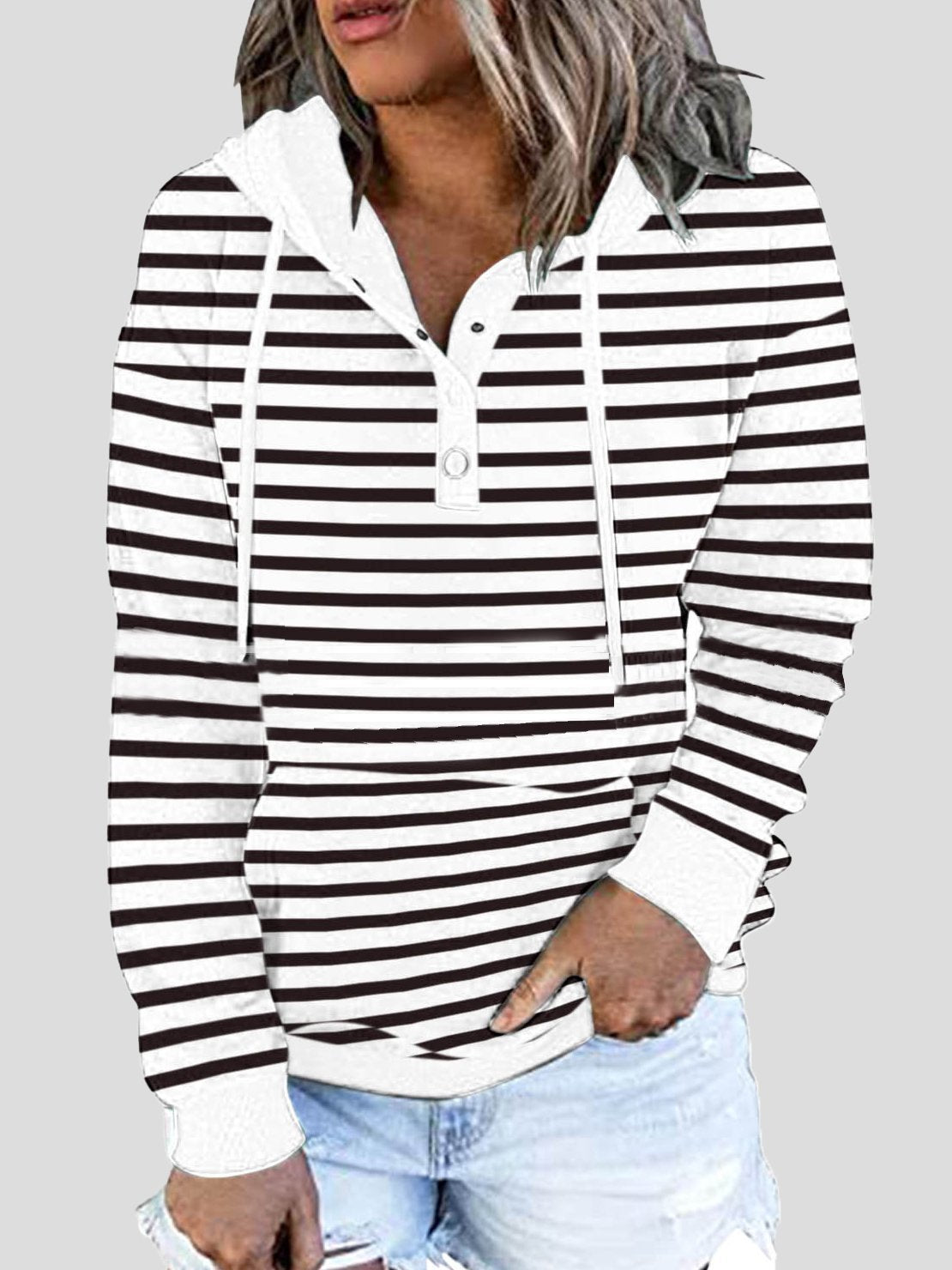 Women's Hoodies Striped Button Pocket Drawstring Hoodie - Hoodies - INS | Online Fashion Free Shipping Clothing, Dresses, Tops, Shoes - 15/11/2021 - Color_Black - Color_Blue