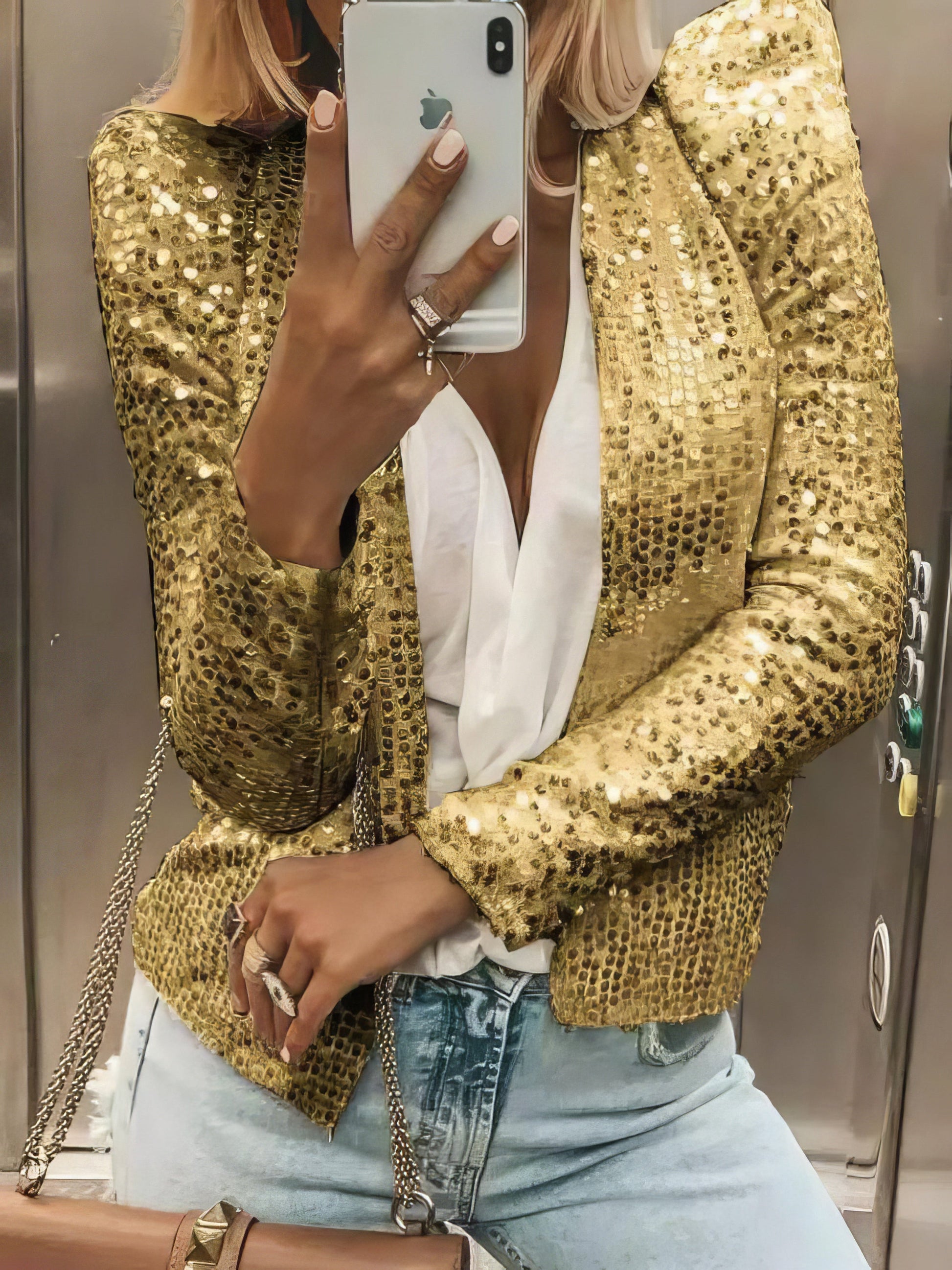 Jackets - Casual Sequined Long Sleeve Jacket - MsDressly