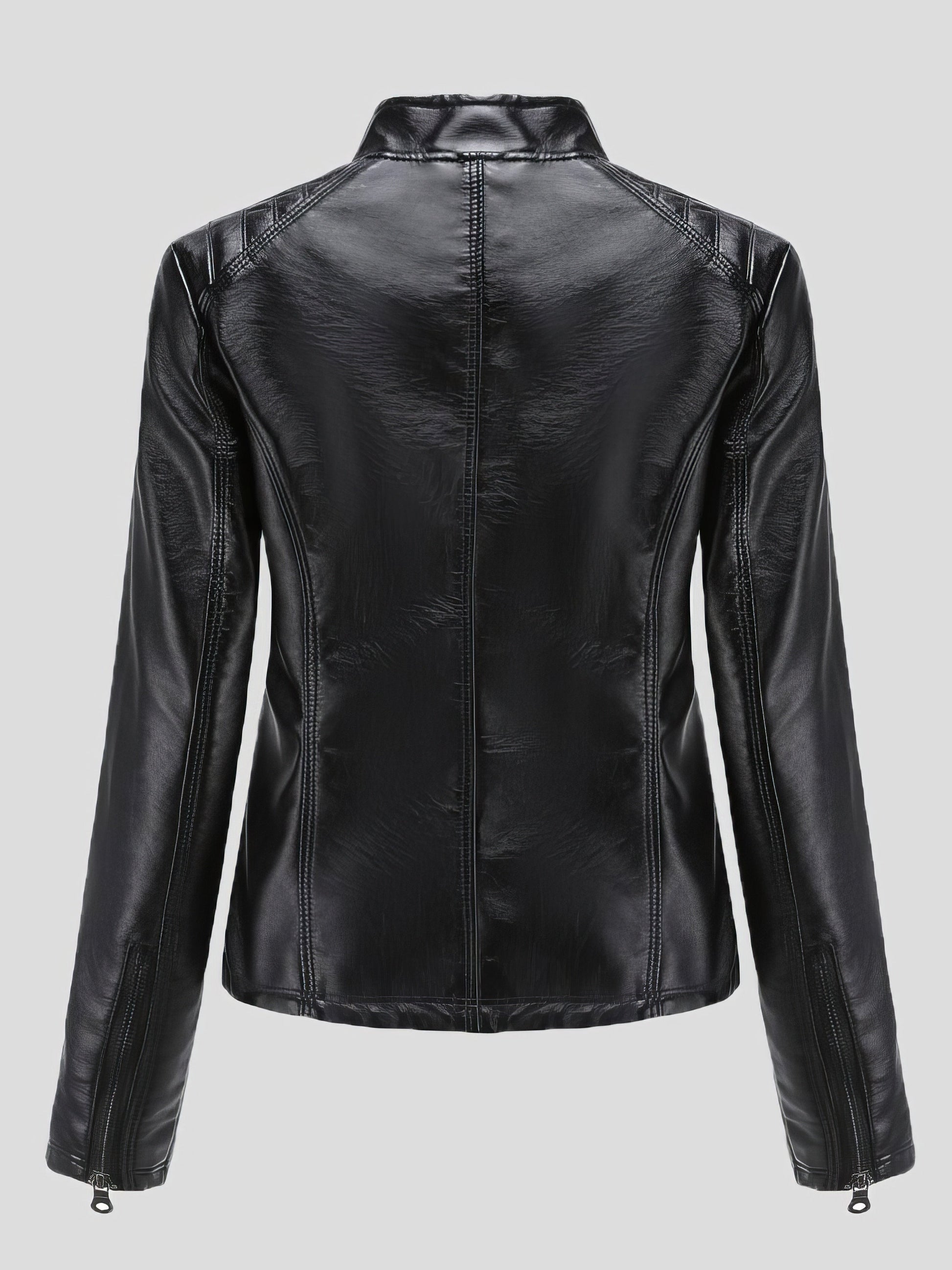 Jackets - Casual Stand-Collar Slim Solid Leather Jacket - MsDressly