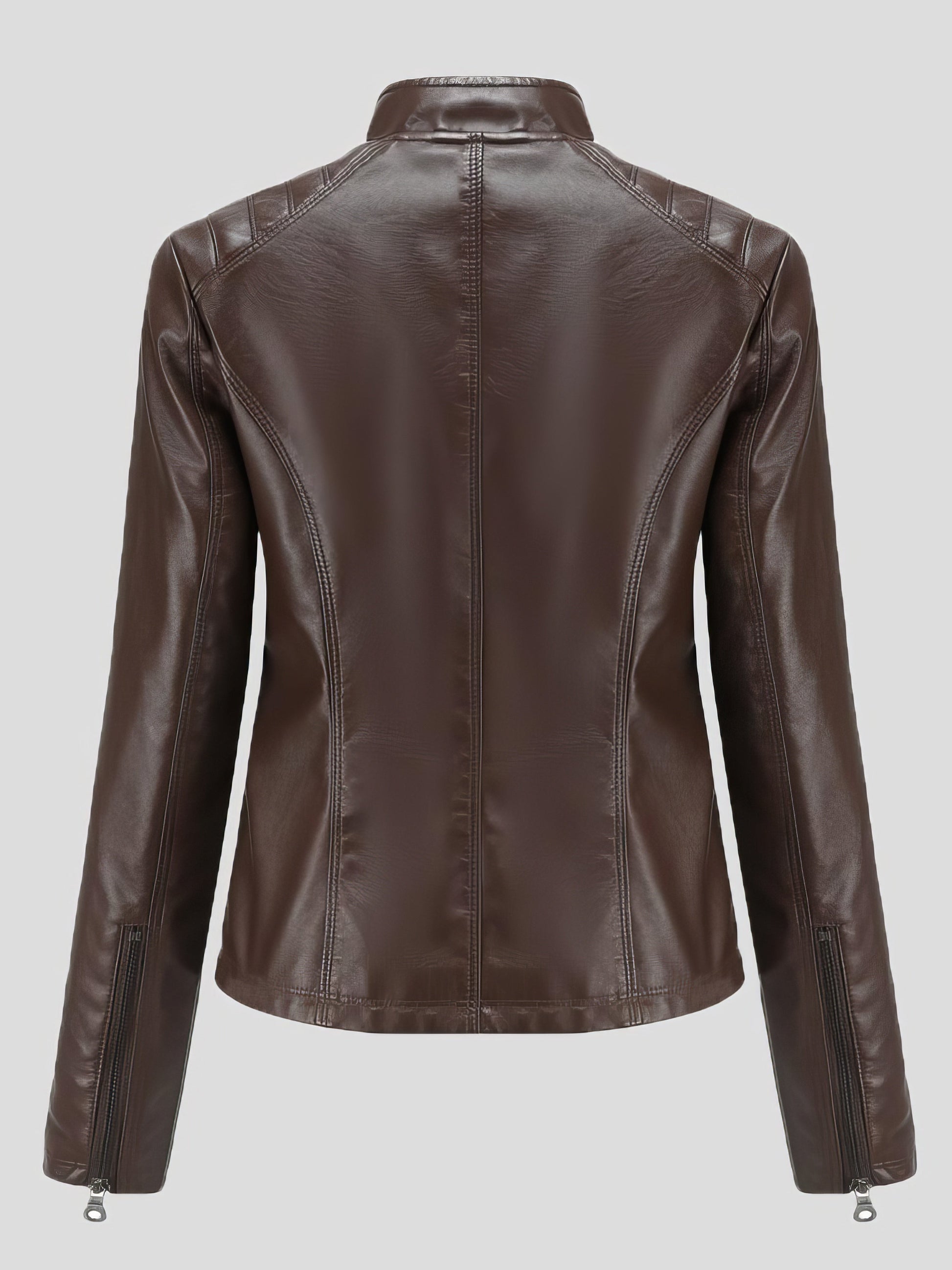 Jackets - Casual Stand-Collar Slim Solid Leather Jacket - MsDressly