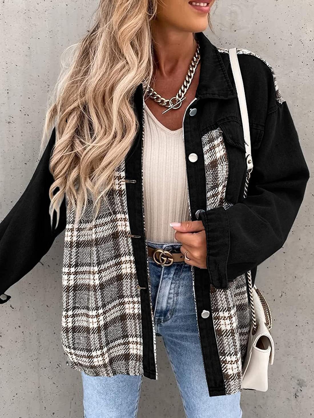 Women's Jackets Check Panel Button Long Sleeve Denim Jacket - Jackets - Instastyled | Online Fashion Free Shipping Clothing, Dresses, Tops, Shoes - 27/09/2022 - 40-50 - coats-jackets