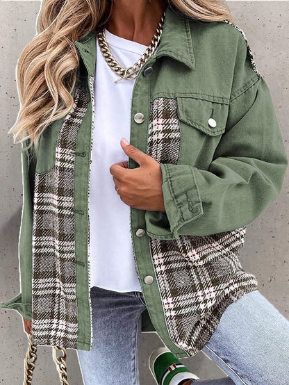 Women's Jackets Check Panel Button Long Sleeve Denim Jacket - Jackets - Instastyled | Online Fashion Free Shipping Clothing, Dresses, Tops, Shoes - 27/09/2022 - 40-50 - coats-jackets