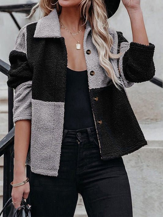 Women's Jackets Lapel Contrast Panel Long Sleeve Woolen Jacket - Jackets - Instastyled | Online Fashion Free Shipping Clothing, Dresses, Tops, Shoes - 22/09/2022 - Color_Black - Color_Gray