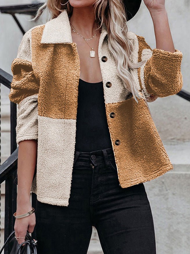 Women's Jackets Lapel Contrast Panel Long Sleeve Woolen Jacket - Jackets - Instastyled | Online Fashion Free Shipping Clothing, Dresses, Tops, Shoes - 22/09/2022 - Color_Black - Color_Gray