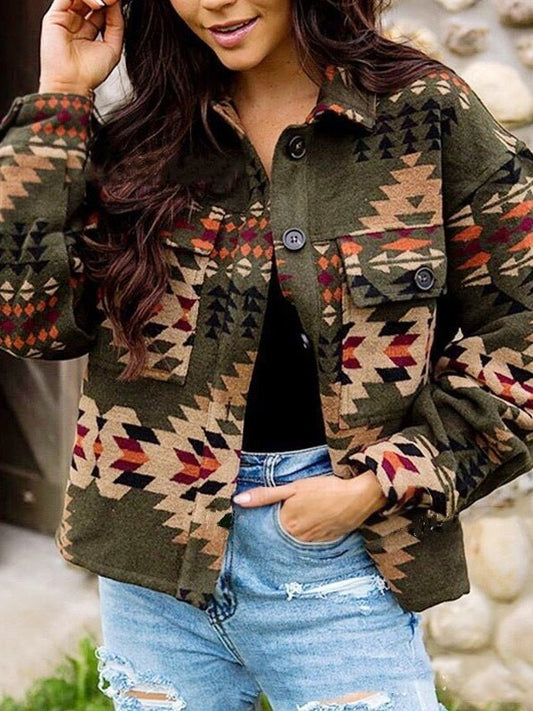 Women's Jackets Lapel Loose Geometric Printed Woolen Jacket - MsDressly