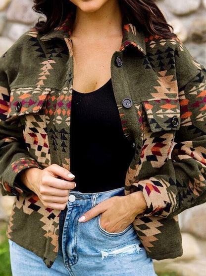 Women's Jackets Lapel Loose Geometric Printed Woolen Jacket - MsDressly