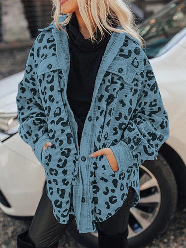 Women's Jackets Leopard Print Pocket Button Long Sleeve Jacket - MsDressly