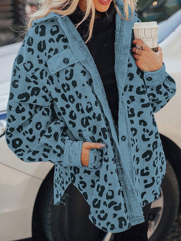 Women's Jackets Leopard Print Pocket Button Long Sleeve Jacket - MsDressly