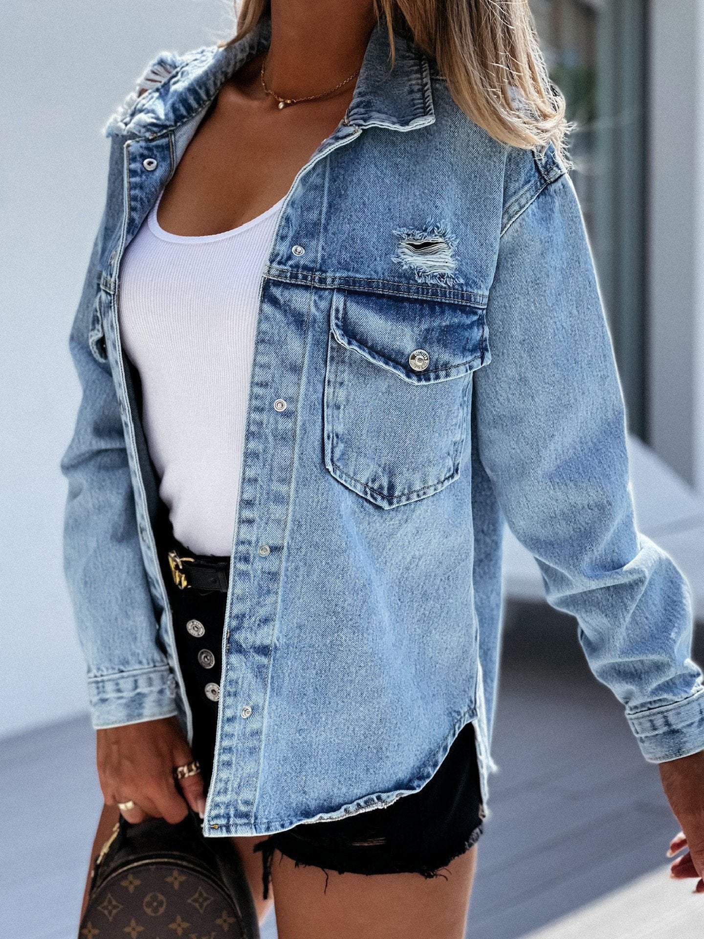 Women's Jackets Loose Washed Hole Long Sleeve Denim Jacket - Coats & Jackets - INS | Online Fashion Free Shipping Clothing, Dresses, Tops, Shoes - 01/12/2021 - 40-50 - Coats & Jackets