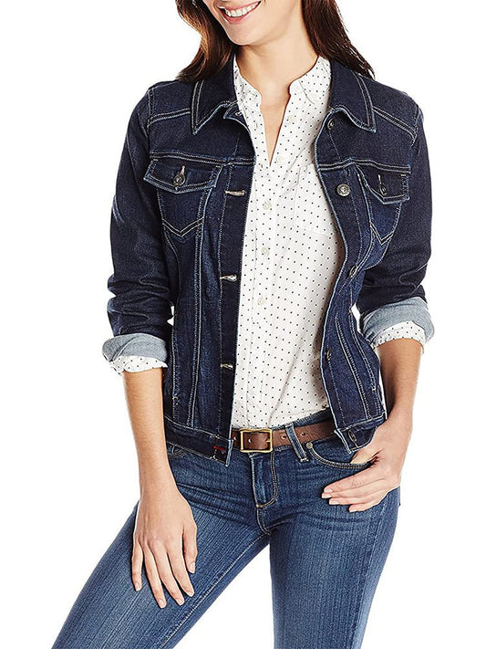 Women's Jackets Solid Flapped Pocket Single Breasted Denim Jacket - MsDressly