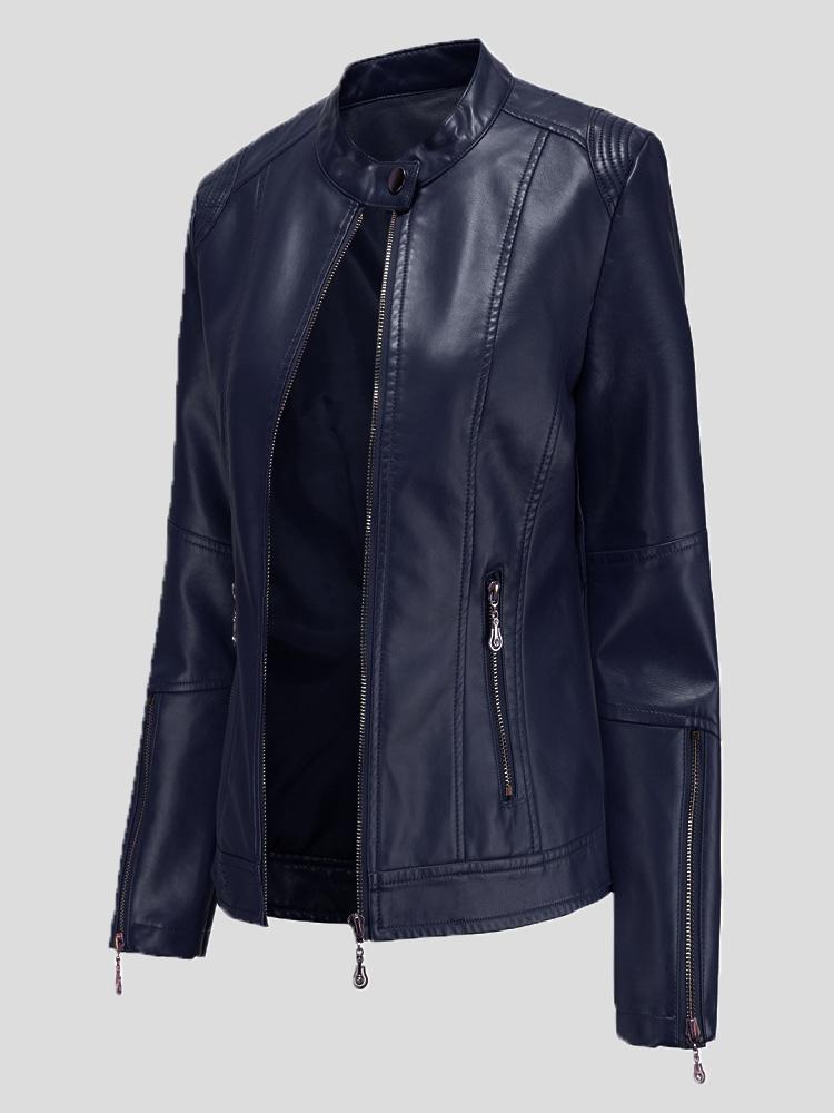 Jackets - Stand-Up Collar Zipper PU Leather Jacket - MsDressly
