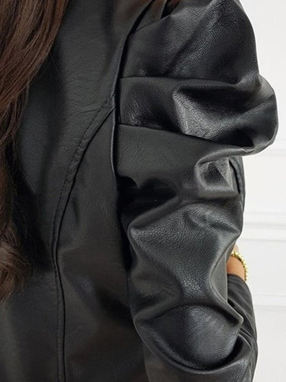 Jackets - Zipped PU Leather Long Sleeve Jacket - MsDressly
