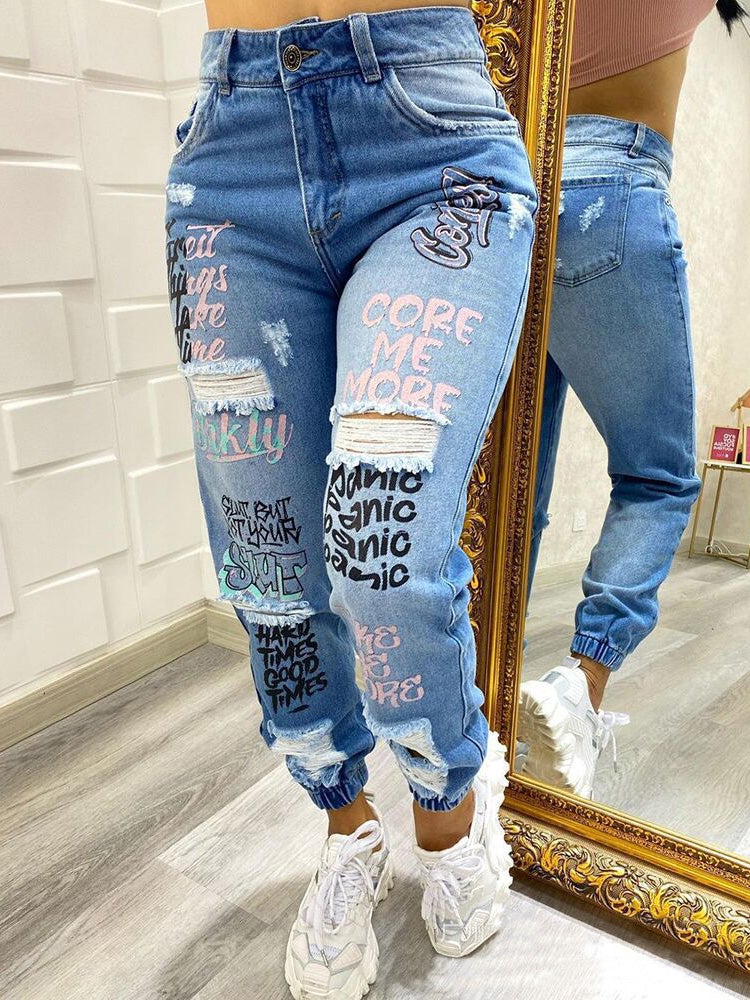 Women's Jeans Casual Alphabet Print Shredded Bungee Jeans - Jeans - Instastyled | Online Fashion Free Shipping Clothing, Dresses, Tops, Shoes - 18/01/2022 - Bottoms - color-blue