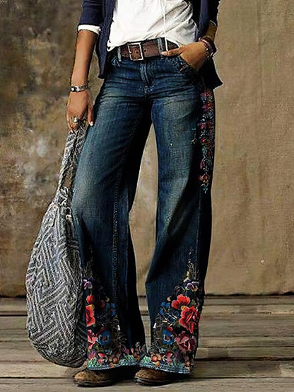 Jeans - Casual Floral Print Pocket Wide-Leg Jeans - MsDressly