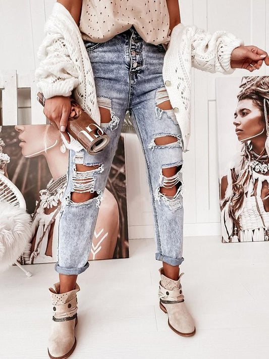 Women's Jeans Casual Washed Mid-Rise Ripped Straight-Leg Jeans - Jeans - INS | Online Fashion Free Shipping Clothing, Dresses, Tops, Shoes - 30/09/2021 - Bottom - Color_Blue