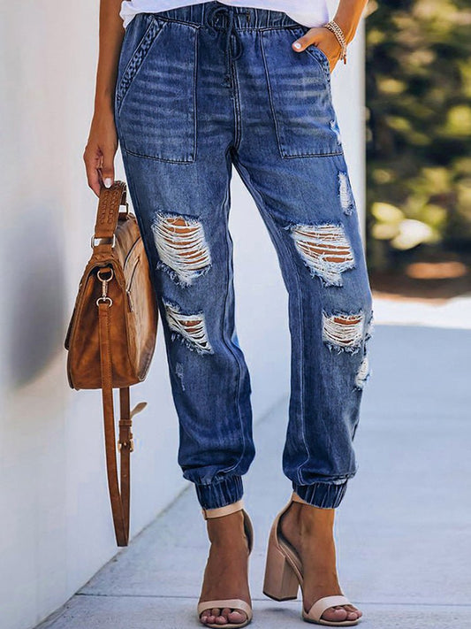 Women's Jeans Elastic Waist Drawstring Ripped Harem Jeans - Jeans - Instastyled | Online Fashion Free Shipping Clothing, Dresses, Tops, Shoes - 17/02/2022 - 30-40 - Bottoms