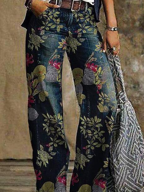 Women's Jeans Floral Print Casual Wide-Leg Jeans - Jeans - INS | Online Fashion Free Shipping Clothing, Dresses, Tops, Shoes - 15/09/2021 - 30-40 - Bottom