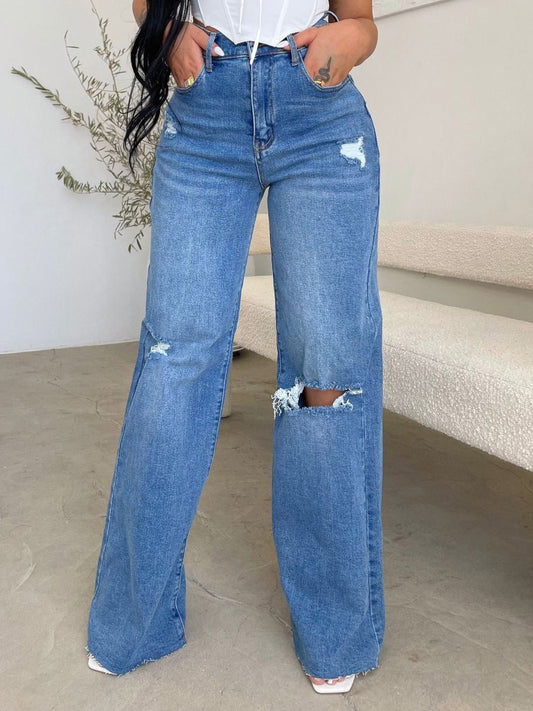 Women's Jeans High Waist Ripped Wide Leg Jeans - Jeans - Instastyled | Online Fashion Free Shipping Clothing, Dresses, Tops, Shoes - 12/08/2022 - Bottoms - Color_Blue