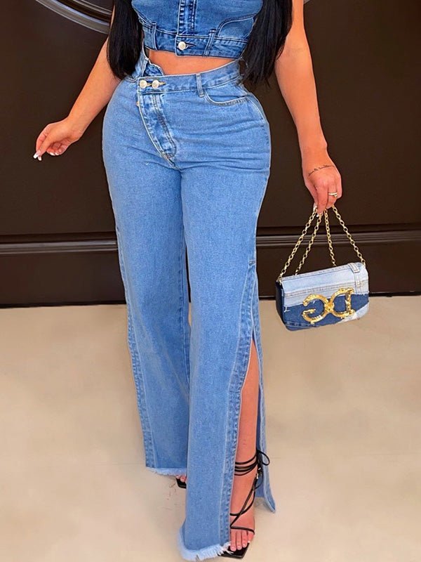 Women's Jeans Irregular Button Stretch Slit Flare Jeans - Jeans - Instastyled | Online Fashion Free Shipping Clothing, Dresses, Tops, Shoes - 28/06/2022 - 40-50 - Bottoms