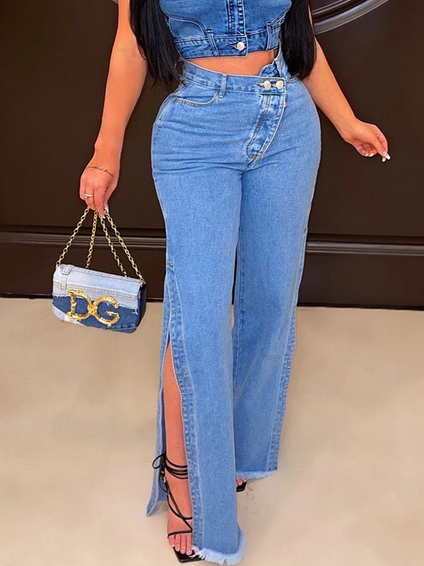Women's Jeans Irregular Button Stretch Slit Flare Jeans - Jeans - Instastyled | Online Fashion Free Shipping Clothing, Dresses, Tops, Shoes - 28/06/2022 - 40-50 - Bottoms
