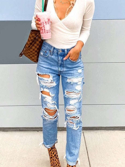 Women's Jeans Ripped Straight-Leg Slim-Fit Jeans - Jeans - INS | Online Fashion Free Shipping Clothing, Dresses, Tops, Shoes - 03/09/2021 - 20-30 - Bottom
