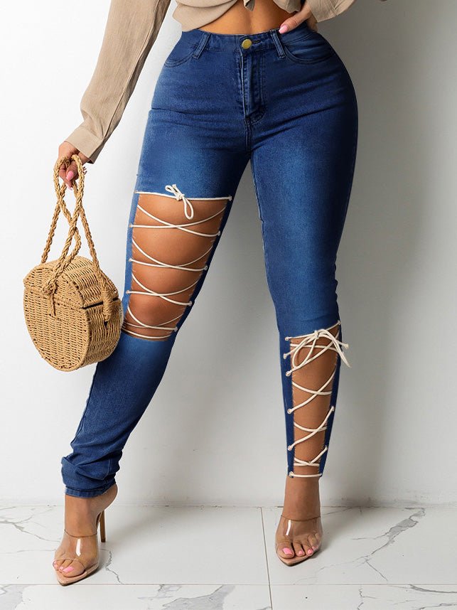 Women's Jeans Ripped Tie Stretch Slim Jeans - Jeans - Instastyled | Online Fashion Free Shipping Clothing, Dresses, Tops, Shoes - 25/05/2022 - 30-40 - Bottoms