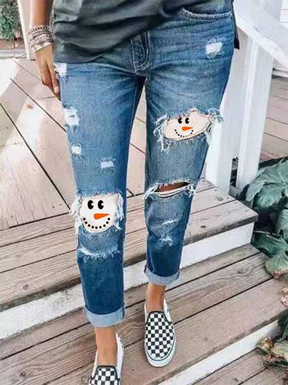 Women's Jeans Snowman Print Ripped Skinny Jeans - Jeans - INS | Online Fashion Free Shipping Clothing, Dresses, Tops, Shoes - 1/11/2021 - 30-40 - Bottoms