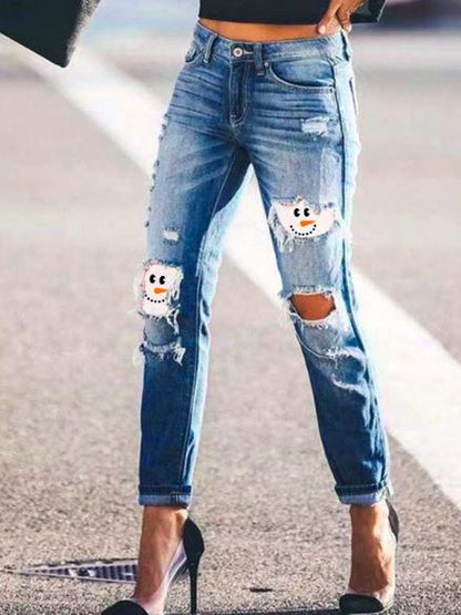 Women's Jeans Snowman Print Ripped Skinny Jeans - Jeans - INS | Online Fashion Free Shipping Clothing, Dresses, Tops, Shoes - 1/11/2021 - 30-40 - Bottoms