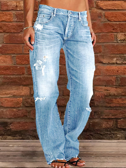 Jeans - Stretch Ripped Washed Casual Straight Jeans - MsDressly