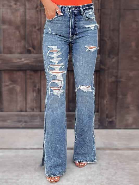 Women's Jeans Washed Shredded Micro-Flare Slit Jeans - Jeans - Instastyled | Online Fashion Free Shipping Clothing, Dresses, Tops, Shoes - 29/08/2022 - Bottoms - Color_Blue