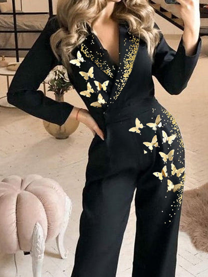 Women's Jumpsuits Butterfly Print Long Sleeve Slim Fit Jumpsuit - Jumpsuits - Instastyled | Online Fashion Free Shipping Clothing, Dresses, Tops, Shoes - 24/09/2022 - Black - bottoms