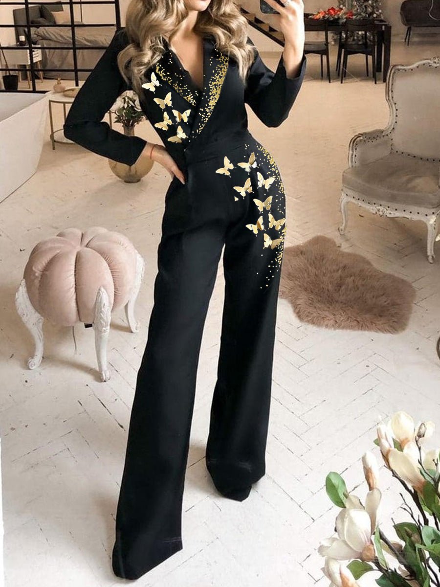 Women's Jumpsuits Butterfly Print Long Sleeve Slim Fit Jumpsuit - Jumpsuits - Instastyled | Online Fashion Free Shipping Clothing, Dresses, Tops, Shoes - 24/09/2022 - Black - bottoms