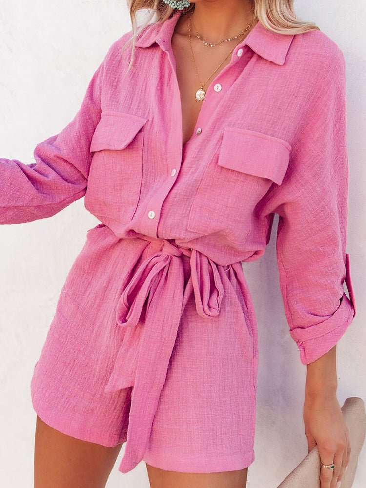 Women's Jumpsuits Button Shirt Collar Belted Long Sleeve Jumpsuit - Jumpsuits - Instastyled | Online Fashion Free Shipping Clothing, Dresses, Tops, Shoes - 17/03/2022 - 40-50 - Bottoms