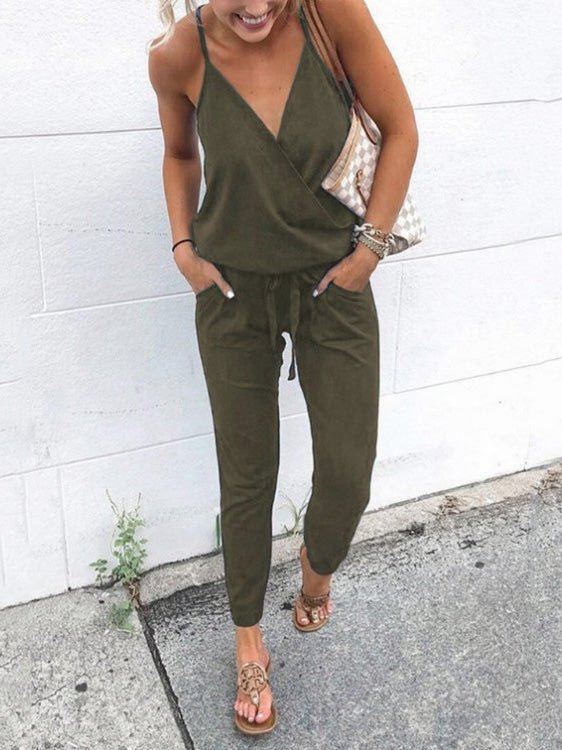 Women's Jumpsuits Casual Sling V-Neck Belted Pocket Jumpsuit - Jumpsuits - Instastyled | Online Fashion Free Shipping Clothing, Dresses, Tops, Shoes - 14/06/2022 - 20-30 - Bottoms