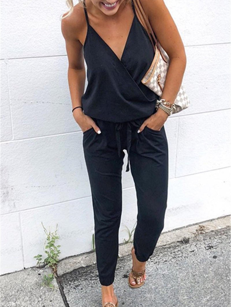 Women's Jumpsuits Casual Sling V-Neck Belted Pocket Jumpsuit - Jumpsuits - Instastyled | Online Fashion Free Shipping Clothing, Dresses, Tops, Shoes - 14/06/2022 - 20-30 - Bottoms