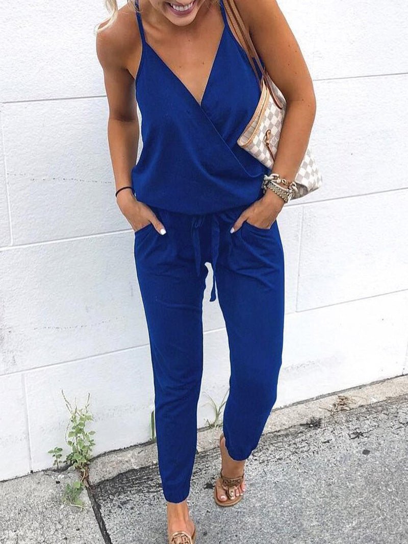 Women's Jumpsuits Casual Sling V-Neck Belted Pocket Jumpsuit - Jumpsuits - Instastyled | Online Fashion Free Shipping Clothing, Dresses, Tops, Shoes - 14/06/2022 - 20-30 - Bottoms