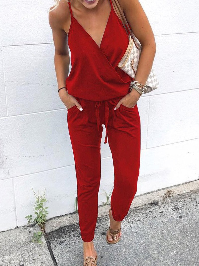 Women's Jumpsuits Casual Sling V-Neck Belted Pocket Jumpsuit - Jumpsuits - Instastyled | Online Fashion Free Shipping Clothing, Dresses, Tops, Shoes - 14/06/2022 - 20-30 - Bottoms