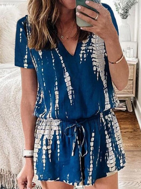 Women's Jumpsuits Casual Tie Dye Print V-Neck Short Sleeve Jumpsuit - Jumpsuits - Instastyled | Online Fashion Free Shipping Clothing, Dresses, Tops, Shoes - 22/04/2021 - Bottoms - Color_Blue