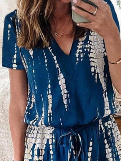 Women's Jumpsuits Casual Tie Dye Print V-Neck Short Sleeve Jumpsuit - Jumpsuits - Instastyled | Online Fashion Free Shipping Clothing, Dresses, Tops, Shoes - 22/04/2021 - Bottoms - Color_Blue